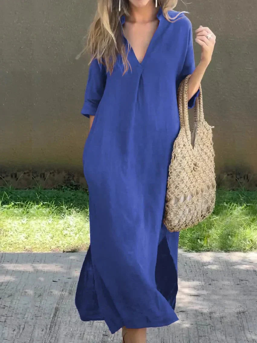 Elegantes Damen-Midikleid mit plissiertem Ausschnitt