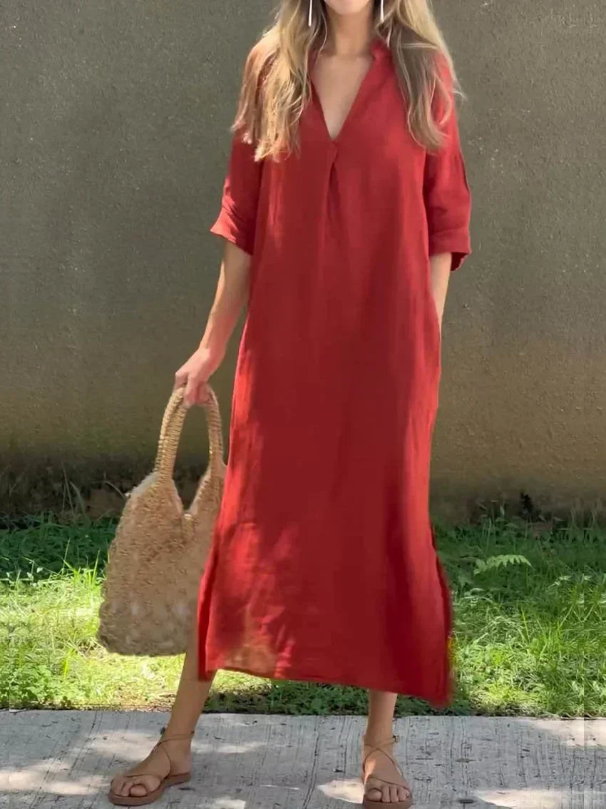 Elegantes Damen-Midikleid mit plissiertem Ausschnitt
