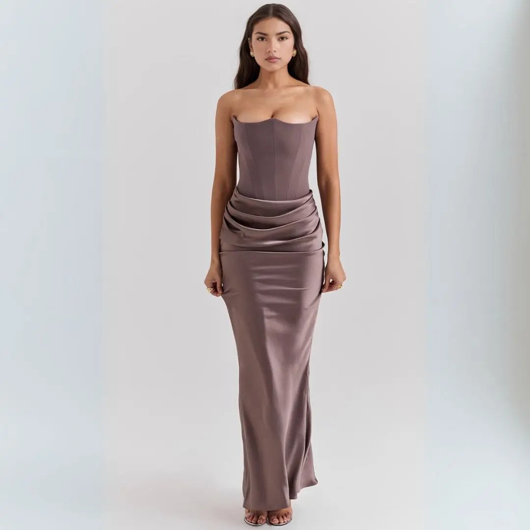 Robe Maxi Sans Bretelles Avec Corset Pour Femmes Élégante Et Fluide Satinée Pour Soirées