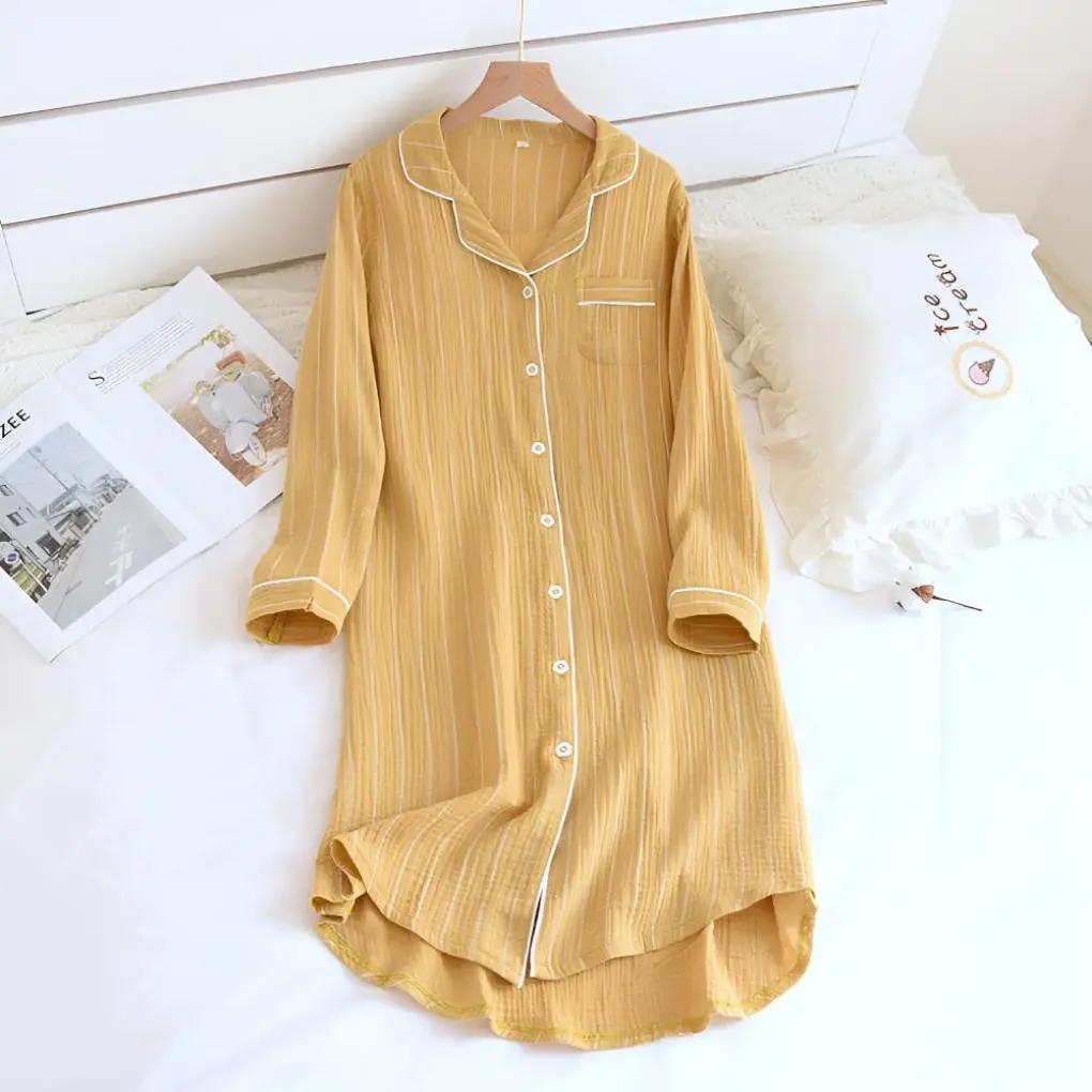 Chemise De Nuit Rayée En Coton Gaze Pour Femmes Ultra Confortable Fraîche Taille Plus