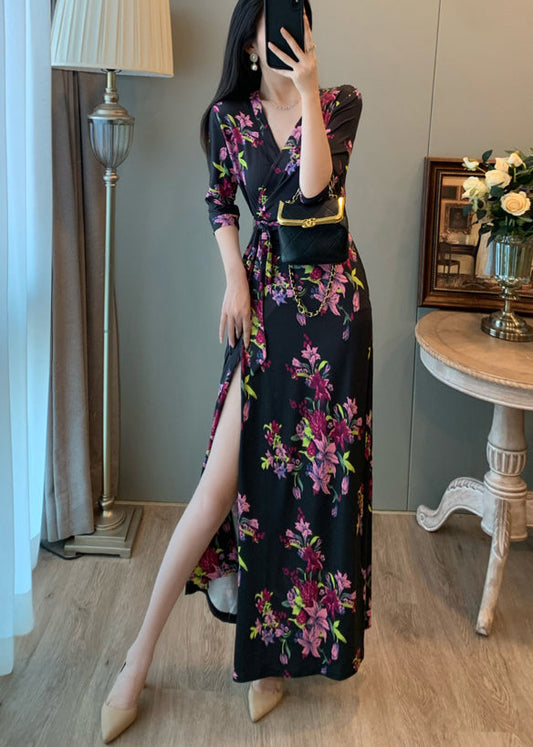 Robe de vacances d'été noire à imprimé nouée à la taille - Amawinc