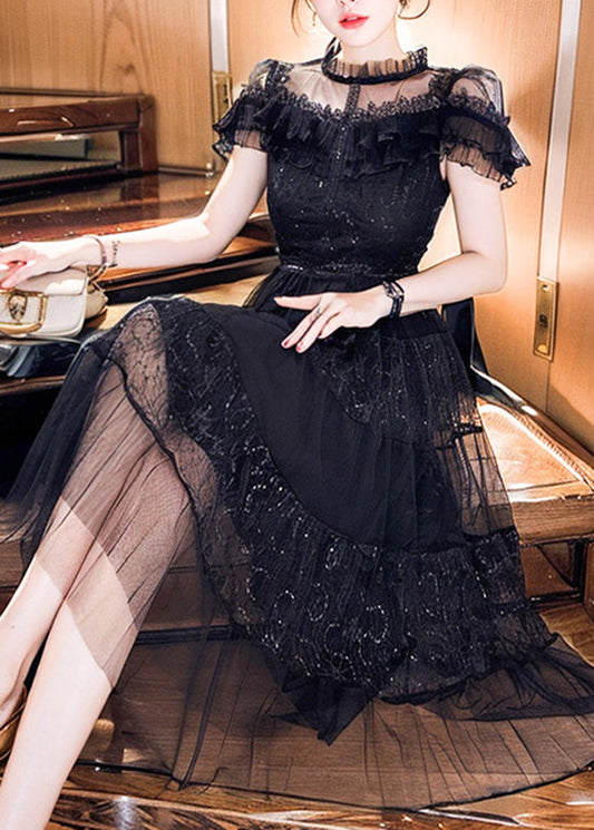 Robe noire en tulle brodée à volants style patchwork pour l'été - Amawinc