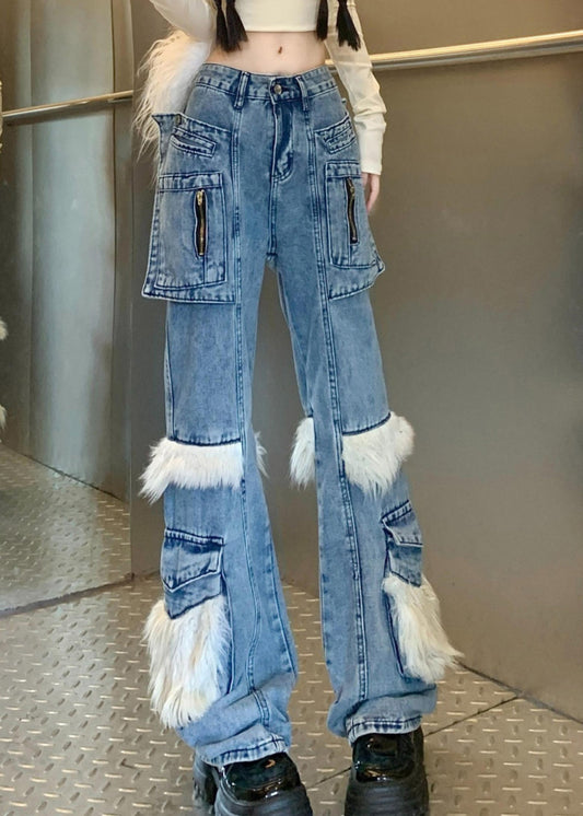Pantalon évasé en denim avec poches bleues et fourrure duveteuse, style printemps - Amawinc