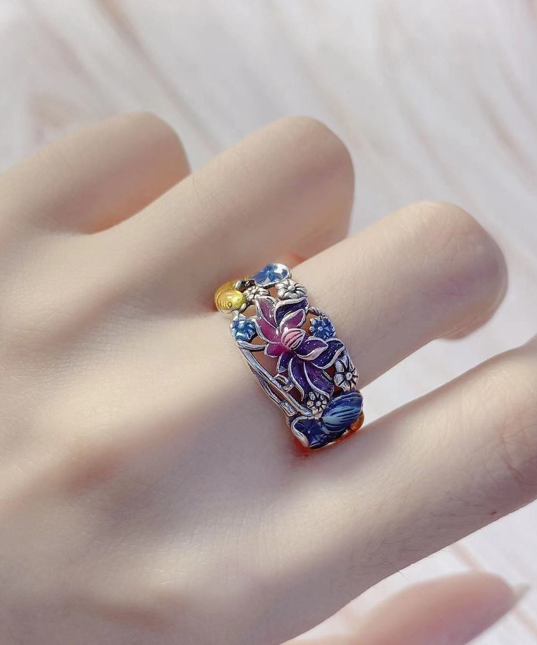 Bagues en argent sterling bleu avec motif carpe cloisonnée et brocart - Amawinc