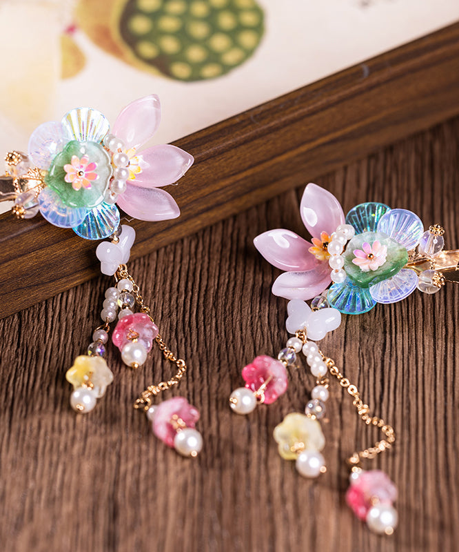 Paire d'épingles à cheveux multicolores en alliage avec perles et pompons floraux pour enfants - Amawinc