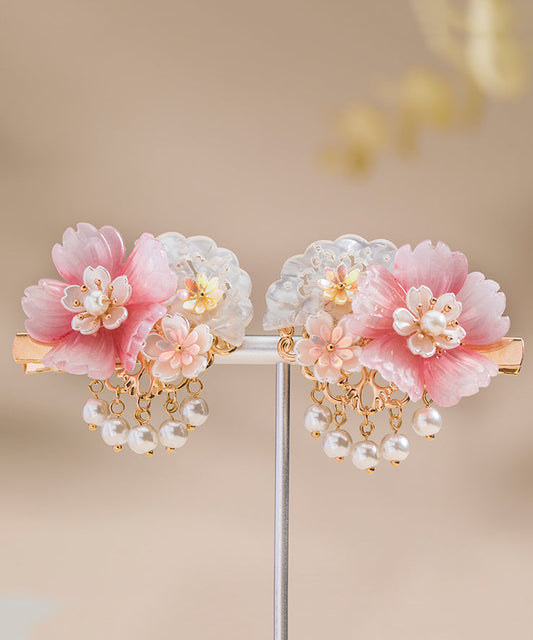 Paire d'épingles à cheveux style fille, pompon en résine et perles, en cuivre rose surdoré - Amawinc