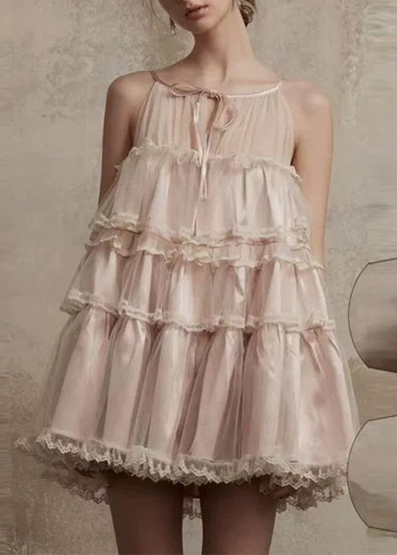 Robe mi-longue rose à col rond et volants en dentelle patchwork et tulle pour l'été - Amawinc