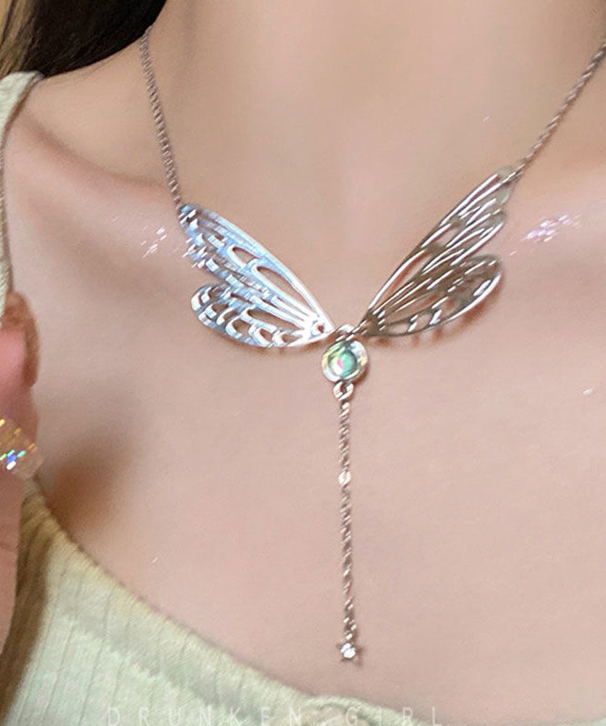 Collier lariat en acier inoxydable avec motif d'ailes de papillon ajourées - Amawinc