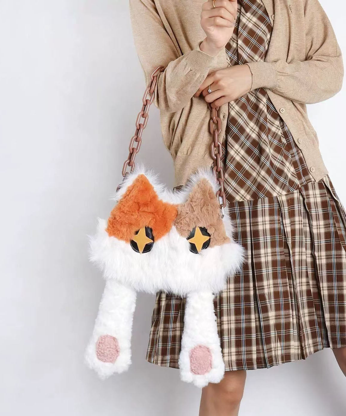 Sac à bandoulière en fourrure duveteuse style chat blanc asymétrique - Amawinc