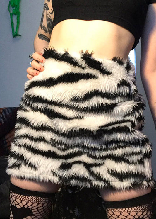 Jupe en fausse fourrure noire taille haute à motif zèbre style printemps - Amawinc