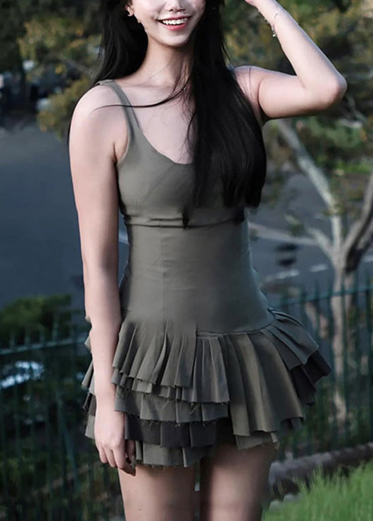 Robe d'été élégante en coton patchwork à volants vert armée à bretelles spaghetti - Amawinc