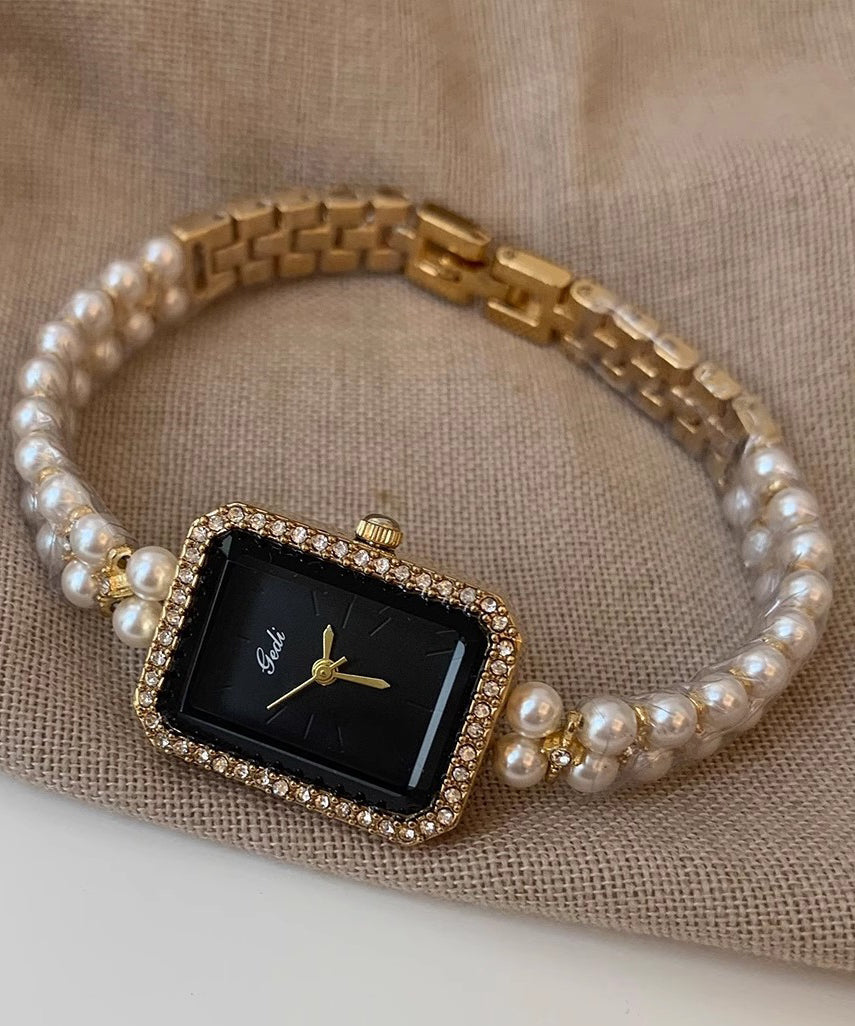 Montre élégante en métal noir avec chaîne carrée et perles - Amawinc