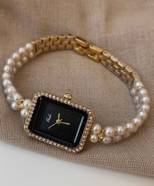 Montre élégante en métal noir avec chaîne carrée et perles - Amawinc