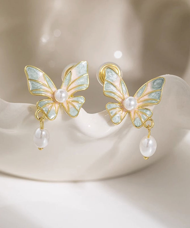 Boucles d'oreilles pendantes élégantes en cuivre bleu surdoré avec perles et pampilles en forme de papillon - Amawinc