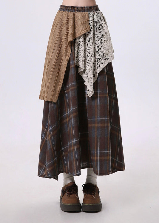 Jupe patchwork asymétrique marron élégante en coton pour le printemps - Amawinc