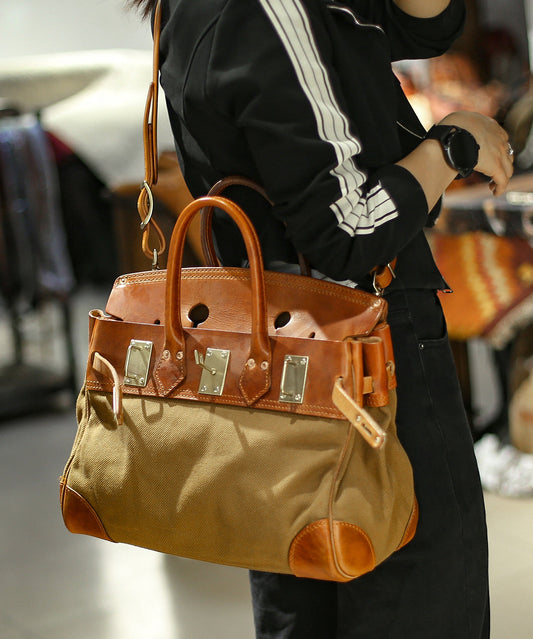 Sac fourre-tout élégant en cuir durable et patchwork en toile et lin marron - Amawinc