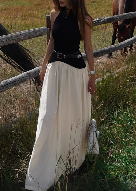Robe longue en coton élégante à dos nu et colorblock, sans manches - Amawinc