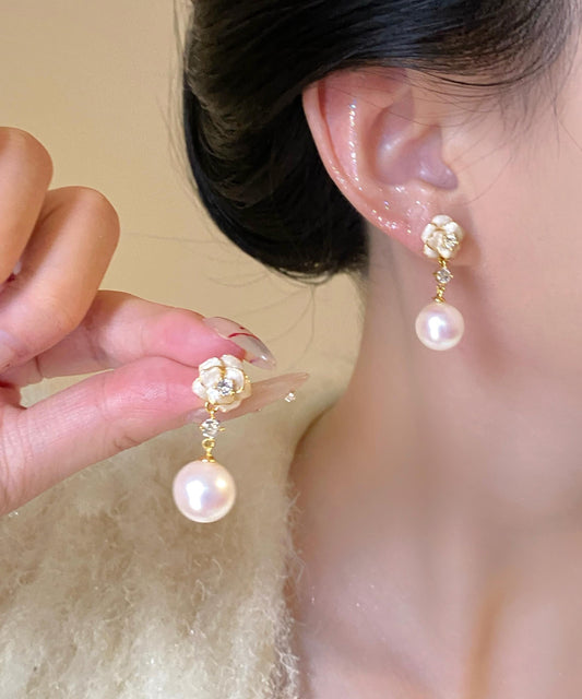 Boucles d'oreilles pendantes élégantes en cuivre surdoré avec perles de zircon et fleurs - Amawinc