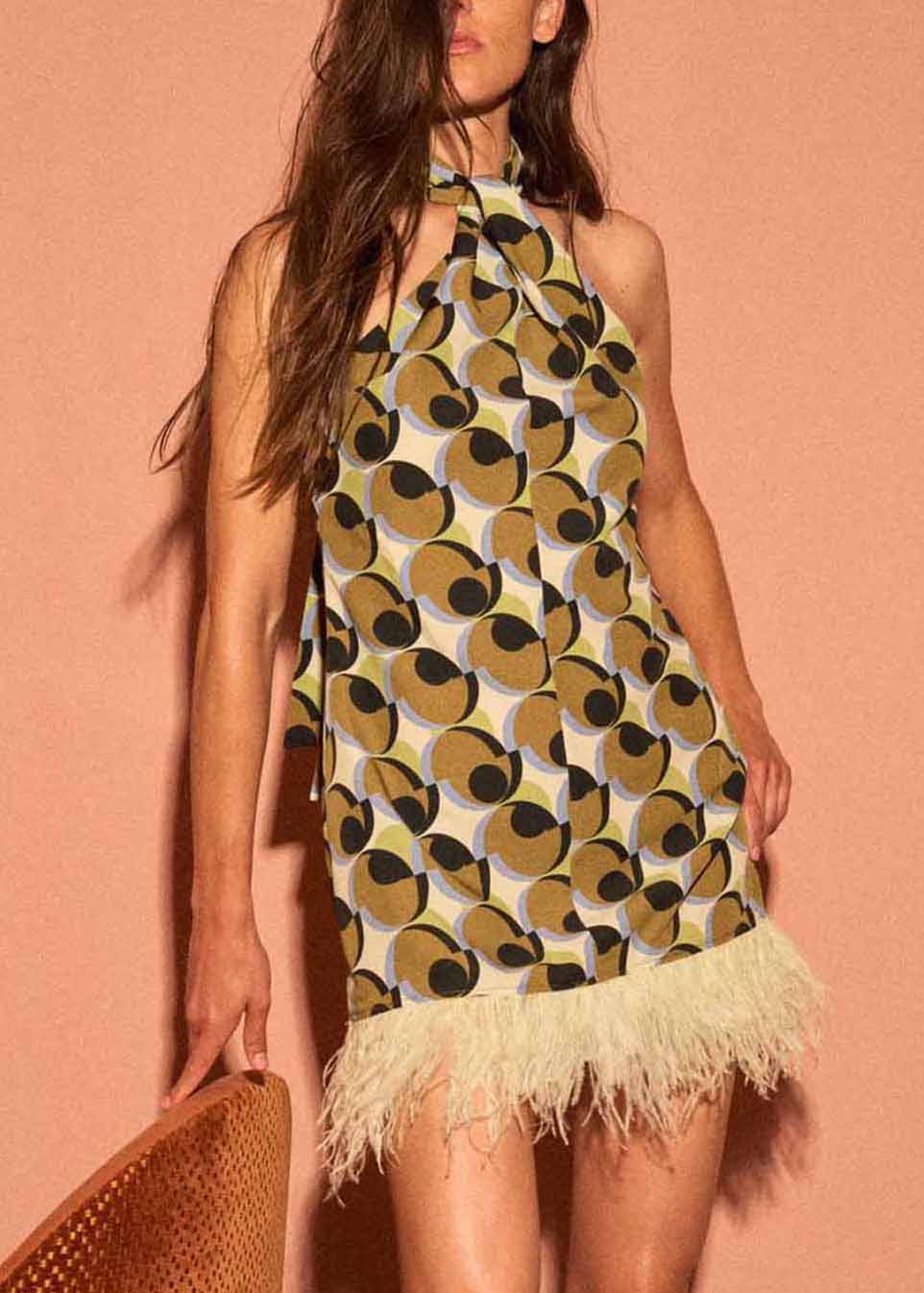 Robe mi-longue en coton à imprimé géométrique et pompons, élégante et patchwork, sans manches - Amawinc