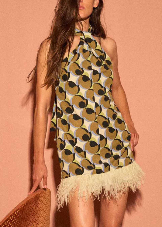 Robe mi-longue en coton à imprimé géométrique et pompons, élégante et patchwork, sans manches - Amawinc