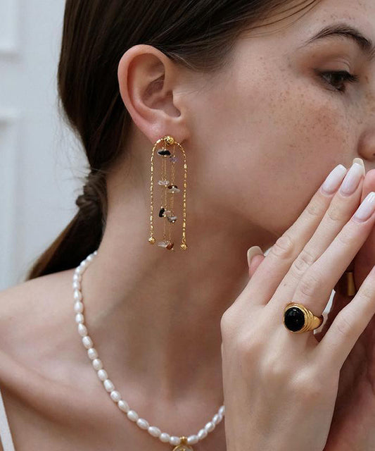 Boucles d'oreilles pendantes élégantes en or et cuivre avec pampilles en pierre arc-en-ciel - Amawinc