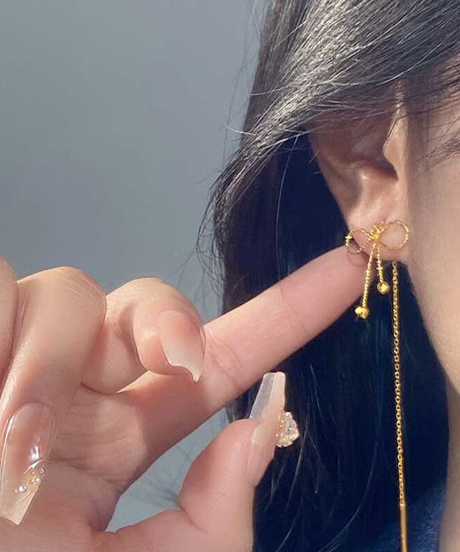 Boucles d'oreilles pendantes élégantes en argent sterling doré avec nœud - Amawinc
