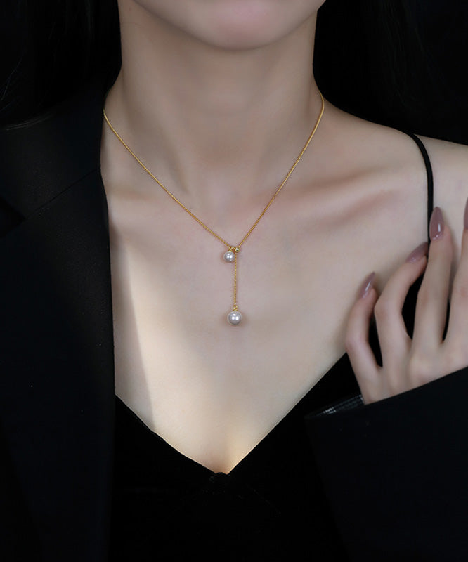 Collier élégant avec pendentif rétractable en argent sterling et perles dorées - Amawinc