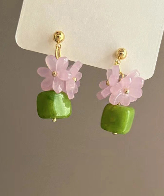 Boucles d'oreilles pendantes élégantes en alliage de résine verte à motif floral - Amawinc