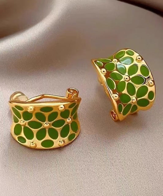 Boucles d'oreilles créoles florales élégantes en cuivre vert en forme de C - Amawinc