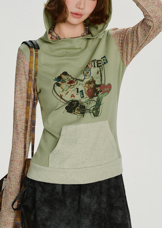 Sweat-shirt à capuche vert élégant en coton patchwork, idéal pour le printemps - Amawinc