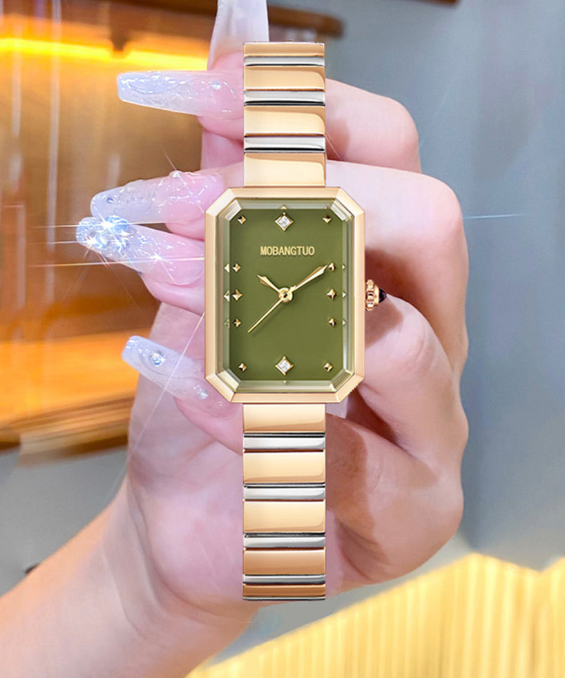 Montres carrées élégantes en acier inoxydable vert avec cristal saphir - Amawinc