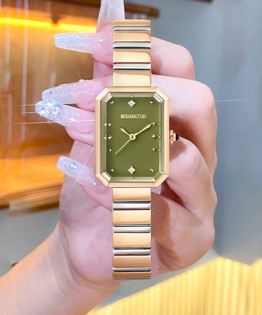Montres carrées élégantes en acier inoxydable vert avec cristal saphir - Amawinc