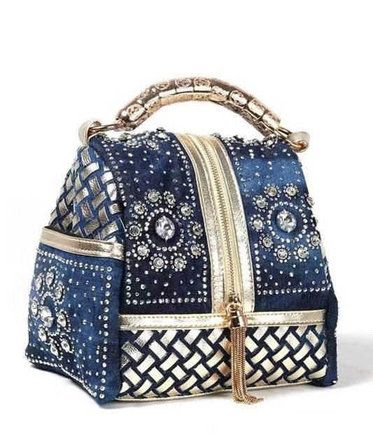 Sac fourre-tout élégant en denim bleu marine avec strass, grande capacité - Amawinc