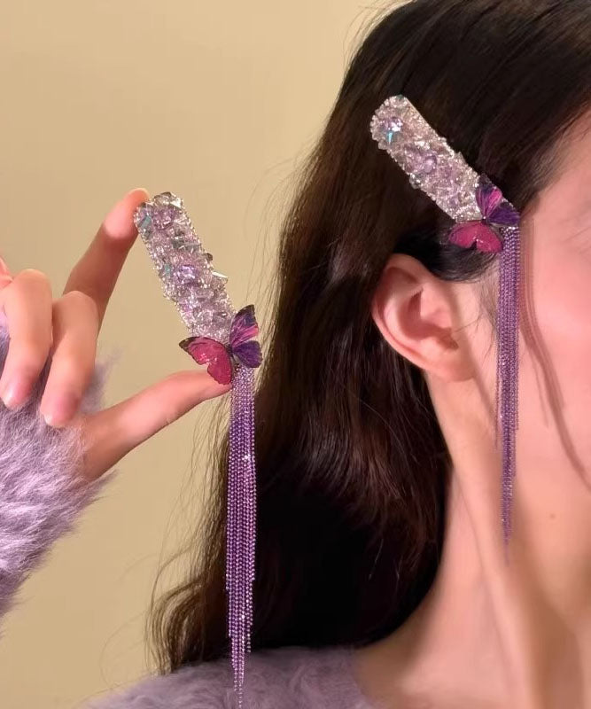 Épingle à cheveux élégante en alliage violet et zircon, ornée d'un papillon et d'un pompon. - Amawinc