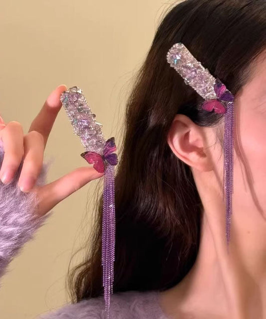 Épingle à cheveux élégante en alliage violet et zircon, ornée d'un papillon et d'un pompon. - Amawinc