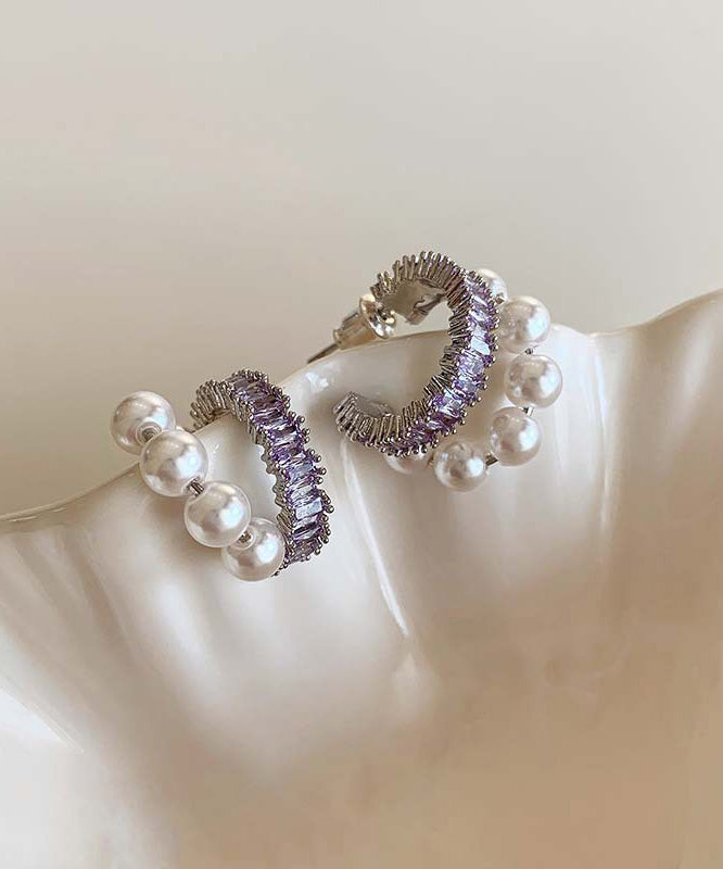 Boucles d'oreilles créoles élégantes en cuivre violet avec perles de zircon surdorées - Amawinc