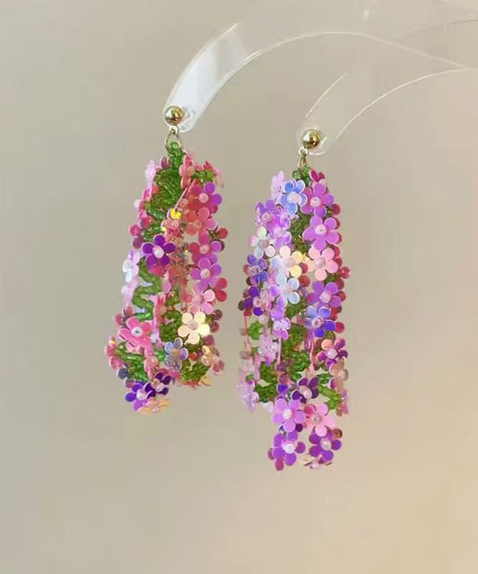 Boucles d'oreilles pendantes élégantes en acrylique arc-en-ciel à paillettes florales et pampilles - Amawinc