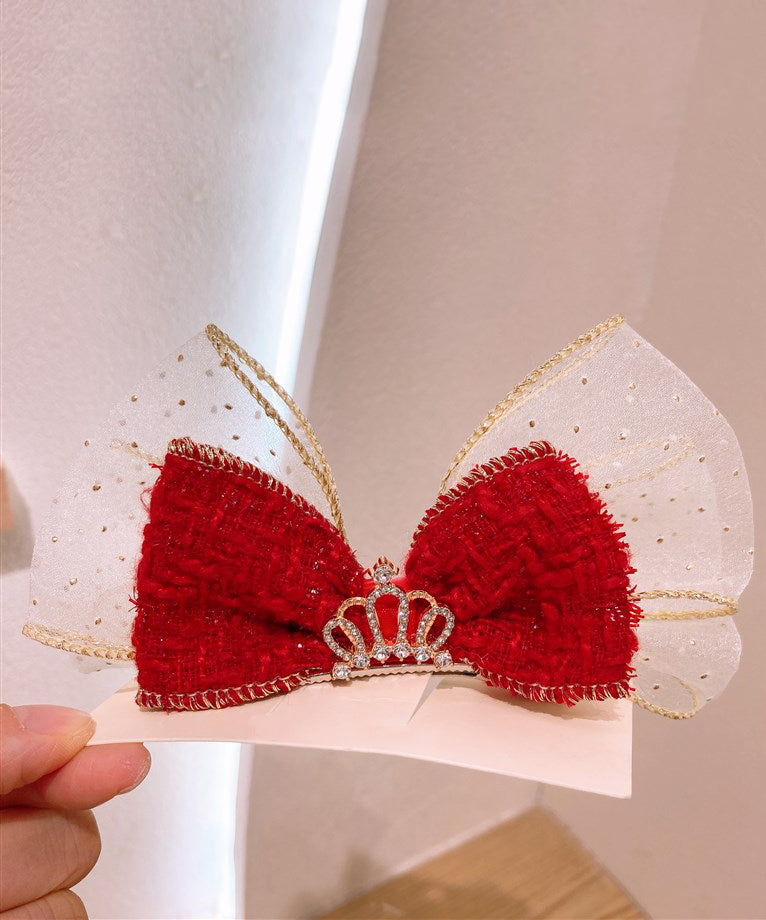 Élégante épingle à cheveux pour enfants en alliage rouge avec nœud en tulle et zircon - Amawinc