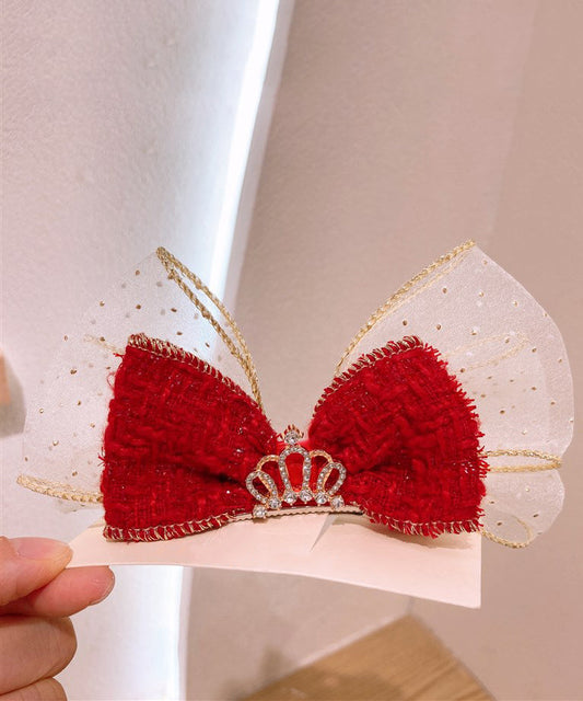 Élégante épingle à cheveux pour enfants en alliage rouge avec nœud en tulle et zircon - Amawinc