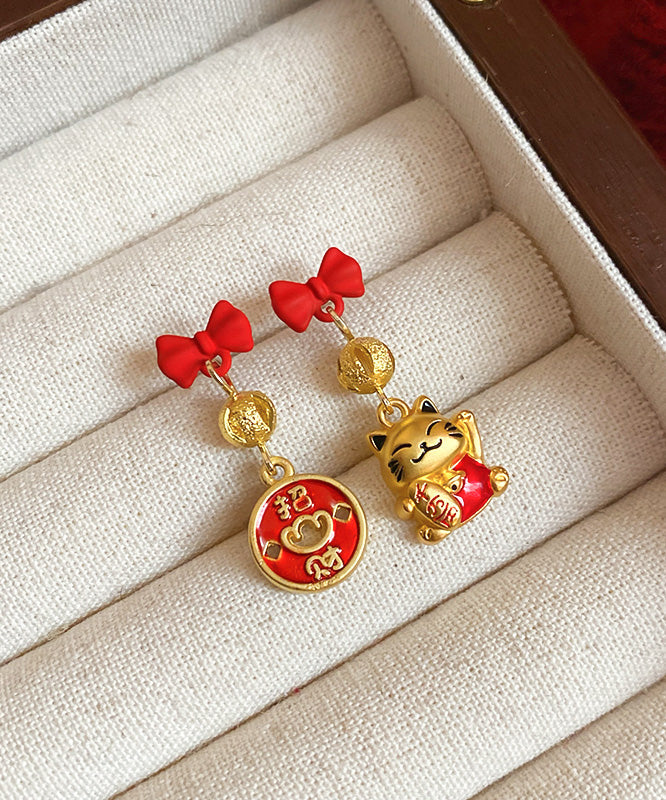 Boucles d'oreilles pendantes élégantes en alliage de cuivre rouge avec nœud en émail et chat porte-bonheur - Amawinc