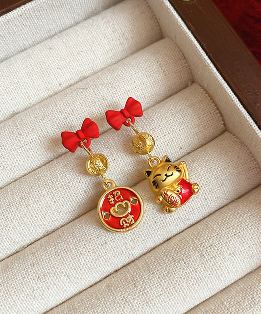 Boucles d'oreilles pendantes élégantes en alliage de cuivre rouge avec nœud en émail et chat porte-bonheur - Amawinc