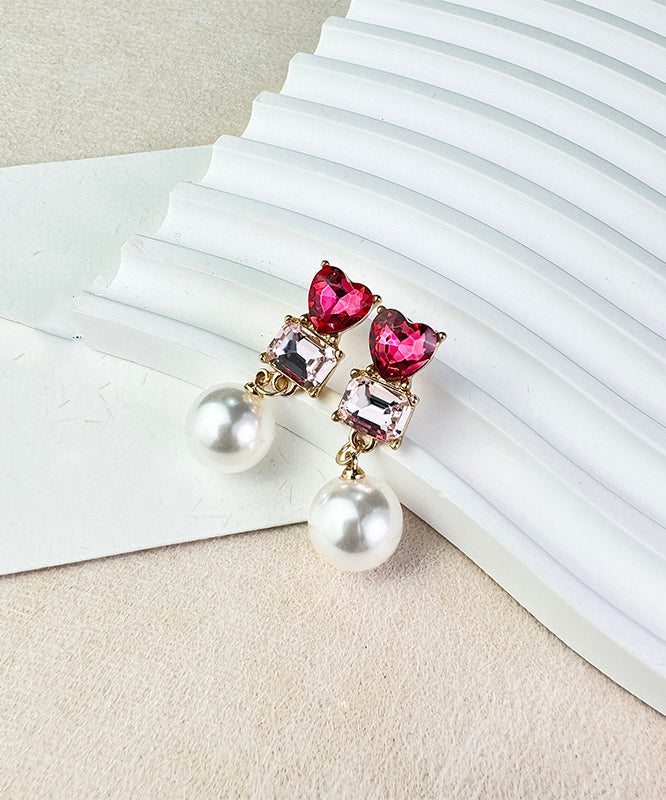 Boucles d'oreilles pendantes élégantes en argent sterling rouge avec perles de cristal et zircon - Amawinc