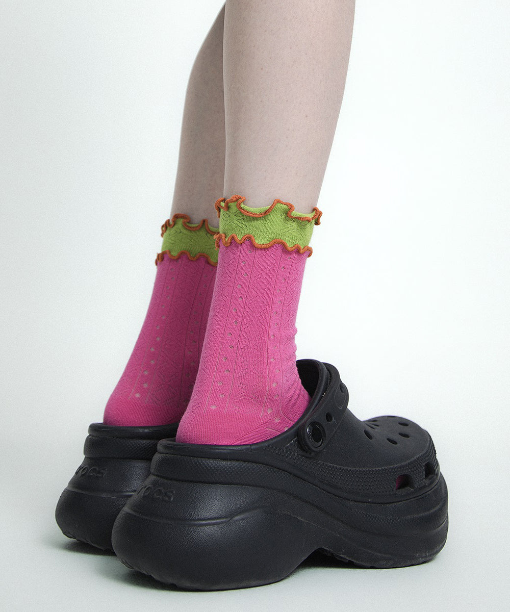 Chaussettes mi-mollet élégantes en coton ajouré à volants et patchwork - Amawinc