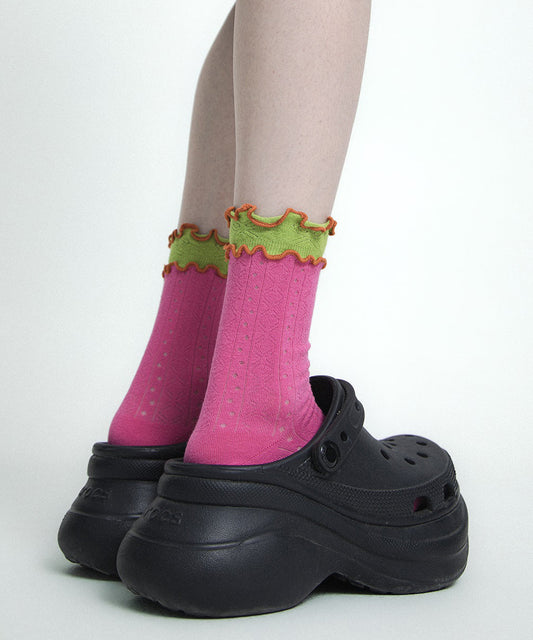 Chaussettes mi-mollet élégantes en coton ajouré à volants et patchwork - Amawinc