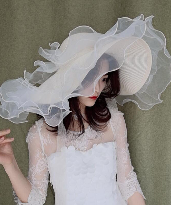 Chapeau de soleil élégant en organza blanc à volants et paille tissée - Amawinc