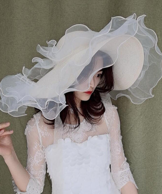 Chapeau de soleil élégant en organza blanc à volants et paille tissée - Amawinc