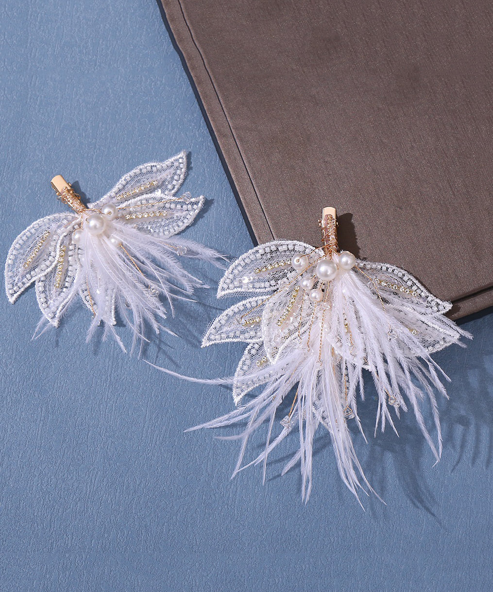 Ensemble élégant de deux épingles à cheveux pour filles, en tulle, avec plumes et perles blanches surdorées - Amawinc
