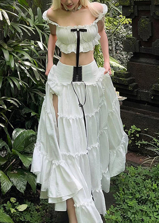 Ensemble deux pièces élégant en coton patchwork à volants blancs pour l'été - Amawinc