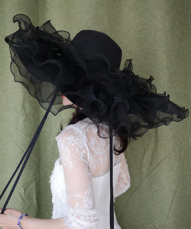 Chapeau d'été en paille tressée à larges bords noirs et volants en organza - Amawinc