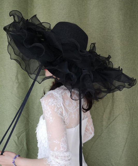 Chapeau d'été en paille tressée à larges bords noirs et volants en organza - Amawinc